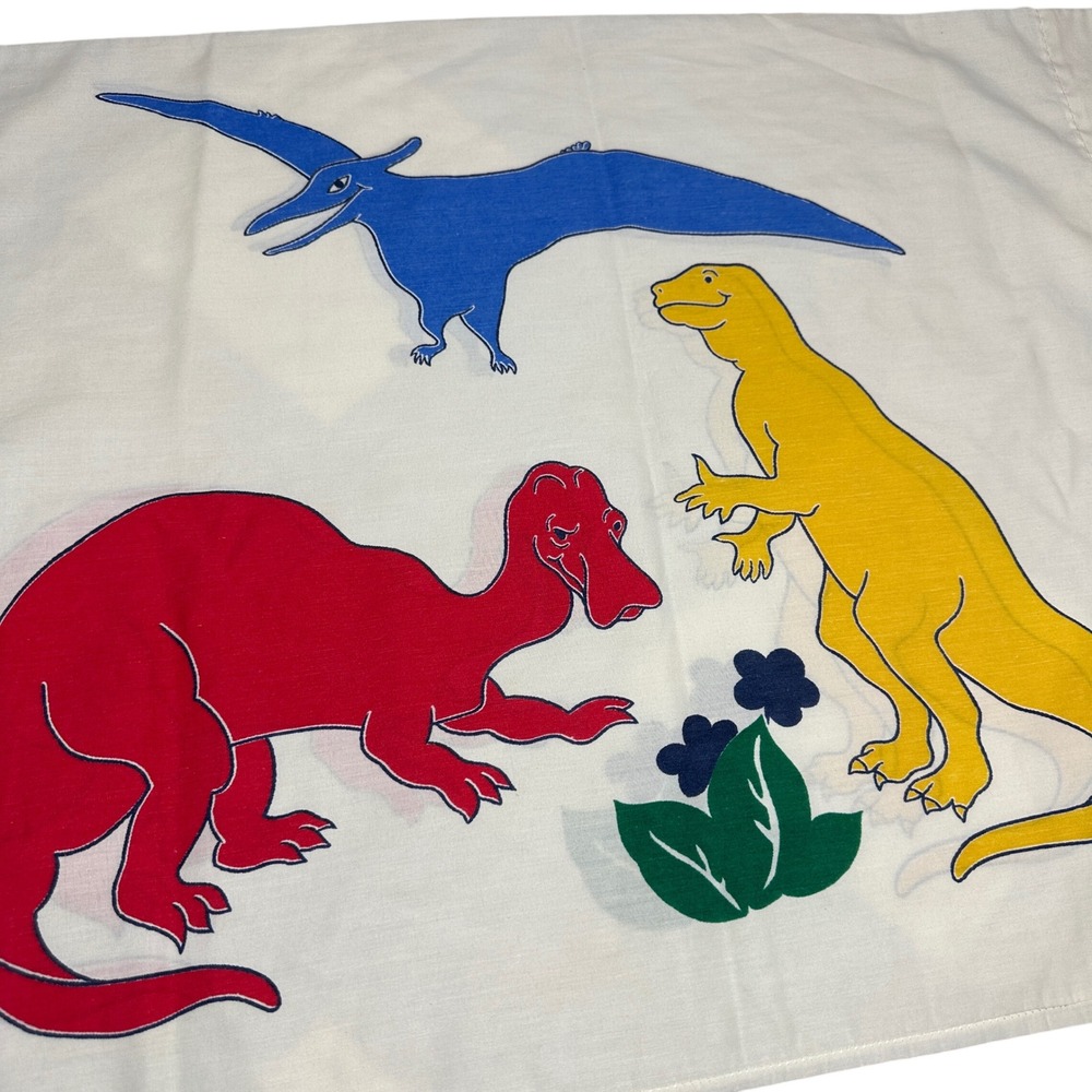 Vintage Dinosaur Pillowcase White Red Yellow Blue T-Rex Brontosaurus Pterodactyl